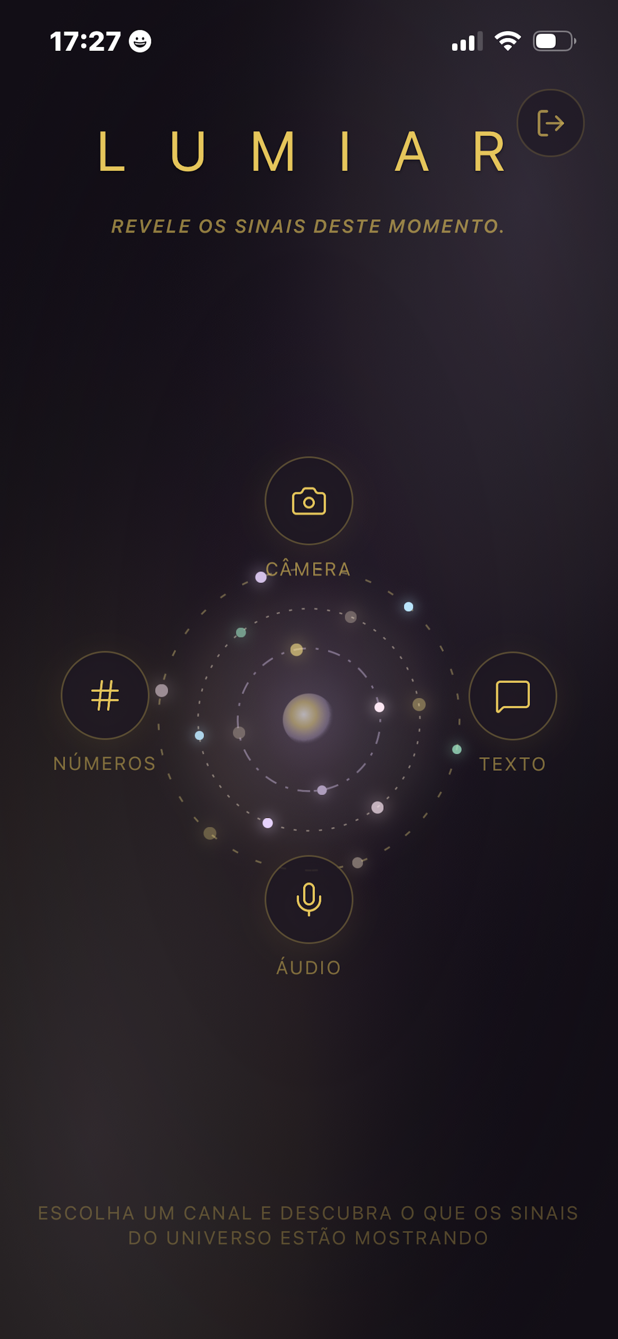 Tela inicial do Lumiar — quatro canais orbitando